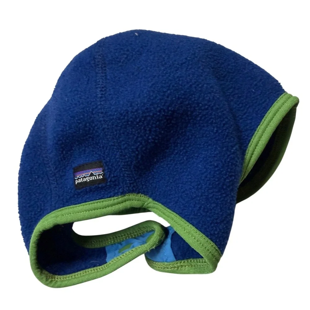 Patagonia Baby Synchilla Fleece Earflap Beanie Hat Blue Green XXS 0-3M Warm